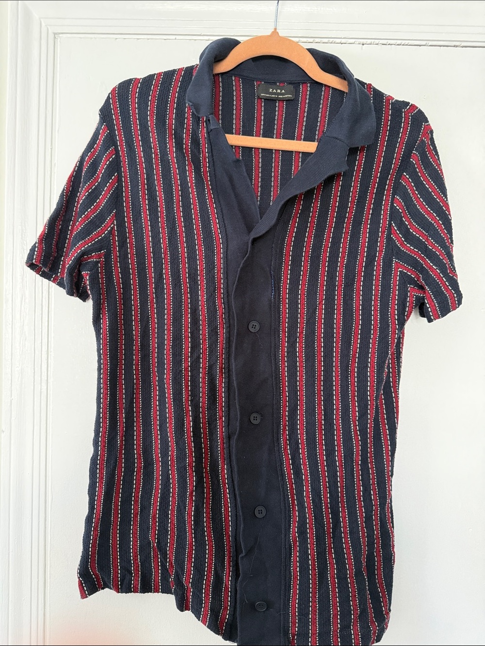 Zara Navy Short-Sleeve Button Shirt with Red and White Stripes